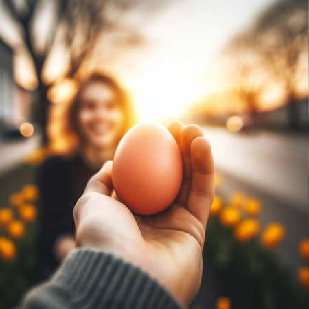 an Easter egg being held or tossed in the airの素材