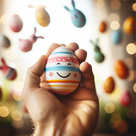 an Easter egg being held or tossed in the airの素材