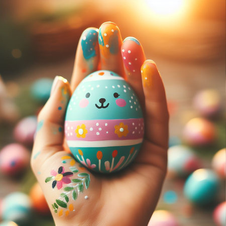 an Easter egg being held or tossed in the airの素材