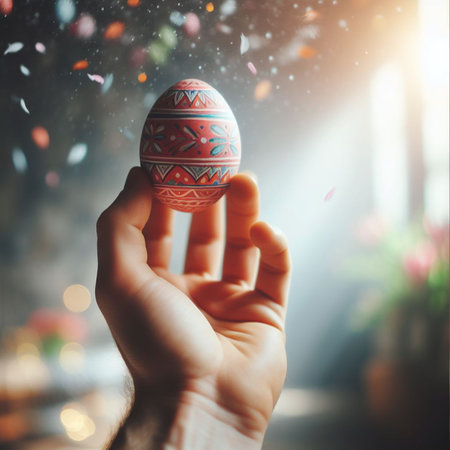 an Easter egg being held or tossed in the airの素材