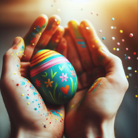 an Easter egg being held or tossed in the airの素材