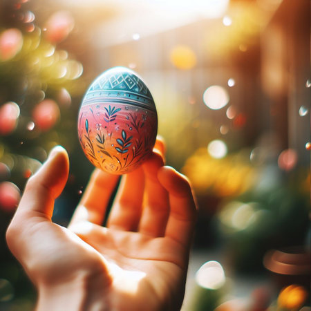 an Easter egg being held or tossed in the airの素材