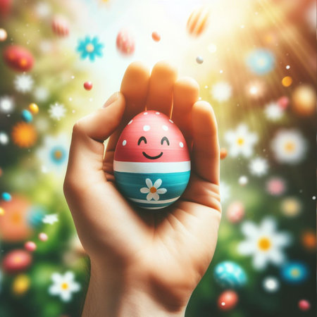 an Easter egg being held or tossed in the airの素材