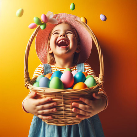 Happy little child holding basket with colorful easter eggs over colorful backgroundの素材