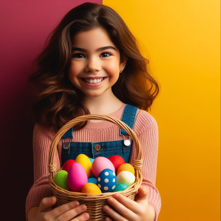 Happy little child holding basket with colorful easter eggs over colorful backgroundの素材