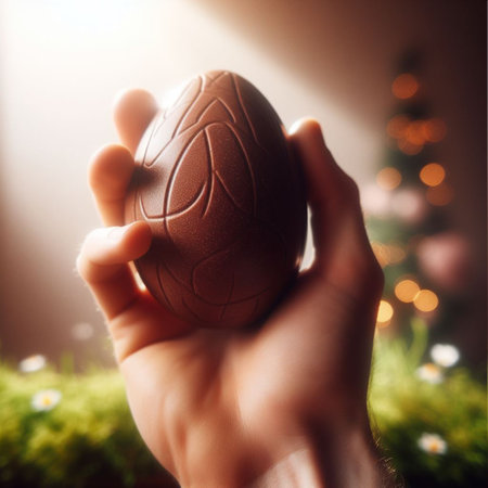 a chocolate Easter egg being held or tossed in the airの素材