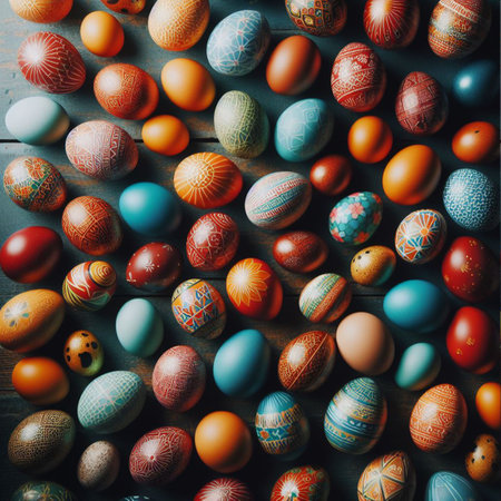 Easter eggs background. Colorful Easter eggs background. Top view.の素材
