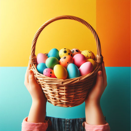 Happy little child holding basket with colorful easter eggs over colorful backgroundの素材