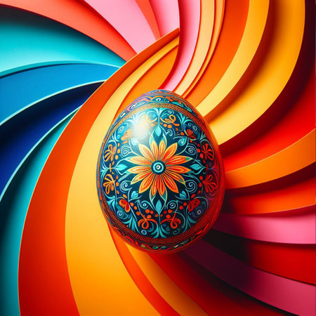 Colorful Easter egg with floral pattern on colorful background.の素材