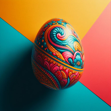 Colorful Easter egg with floral pattern on colorful background.の素材
