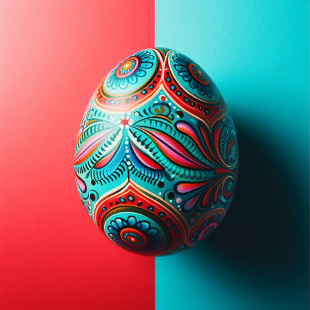 Colorful Easter egg with floral pattern on colorful background.の素材