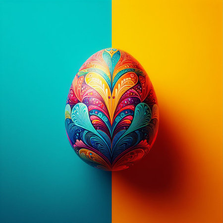 Colorful Easter egg with floral pattern on colorful background.の素材