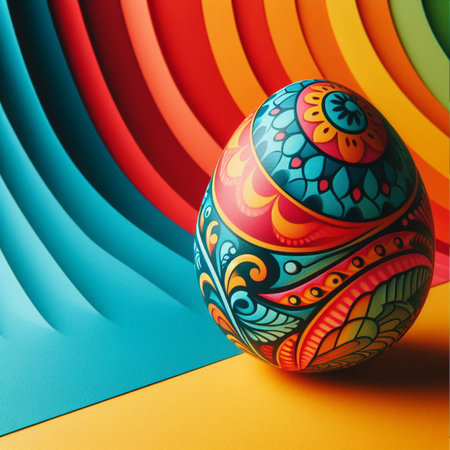 Colorful Easter egg with floral pattern on colorful background.の素材