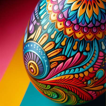 Colorful Easter egg with floral pattern on colorful background.の素材