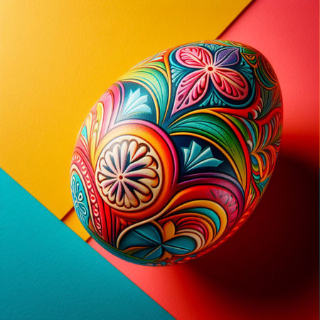 Colorful Easter egg with floral pattern on colorful background.の素材