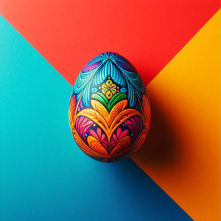 Colorful Easter egg with floral pattern on colorful background.の素材