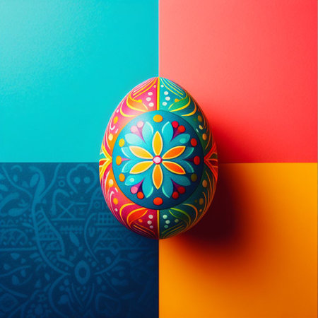 Colorful Easter egg with floral pattern on colorful background.の素材