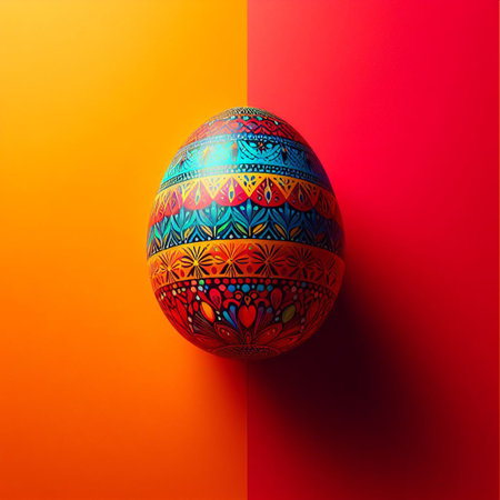 Colorful Easter egg with floral pattern on colorful background.の素材