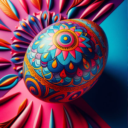 Colorful Easter egg with floral pattern on colorful background.の素材