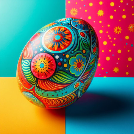 Colorful Easter egg with floral pattern on colorful background.の素材