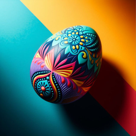 Colorful Easter egg with floral pattern on colorful background.の素材