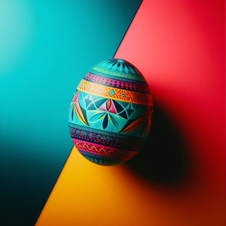 Colorful Easter egg with floral pattern on colorful background.の素材