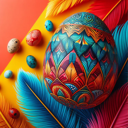 Colorful Easter egg with floral pattern on colorful background.の素材
