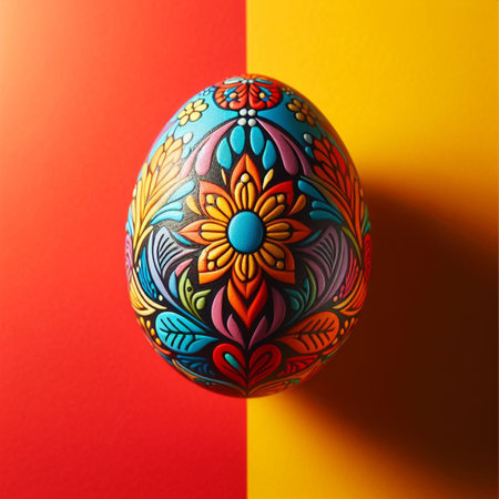 Colorful Easter egg with floral pattern on colorful background.の素材