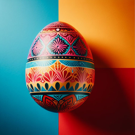 Colorful Easter egg with floral pattern on colorful background.の素材