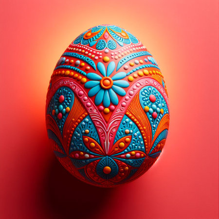 Colorful Easter egg with floral pattern on colorful background.の素材