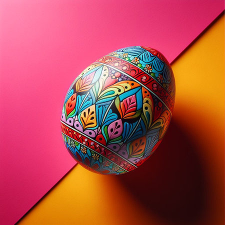 Colorful Easter egg with floral pattern on colorful background.の素材