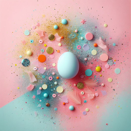 Festive easter background with confetti, sparkles and easter eggs. Vector illustration.の素材