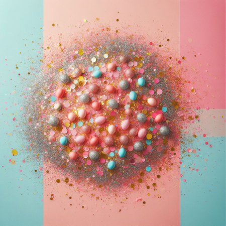 Festive easter background with confetti, sparkles and easter eggs. Vector illustration.の素材