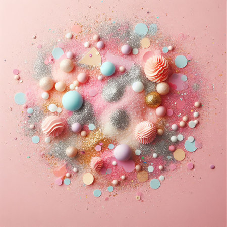 Festive easter background with confetti, sparkles and easter eggs. Vector illustration.の素材