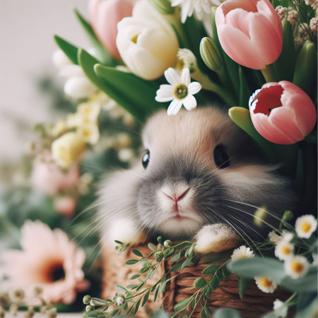 Cute Easter bunny and spring flowers over white background, close upの素材