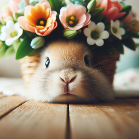 Cute Easter bunny and spring flowers over white background, close upの素材