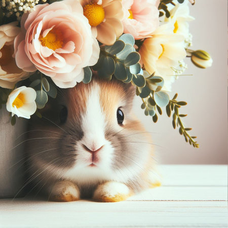 Cute Easter bunny and spring flowers over white background, close upの素材