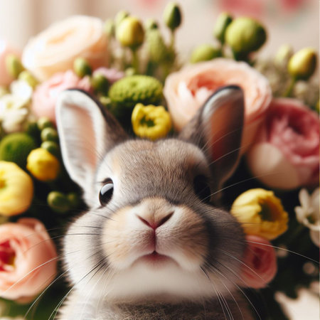 Cute Easter bunny and spring flowers over white background, close upの素材