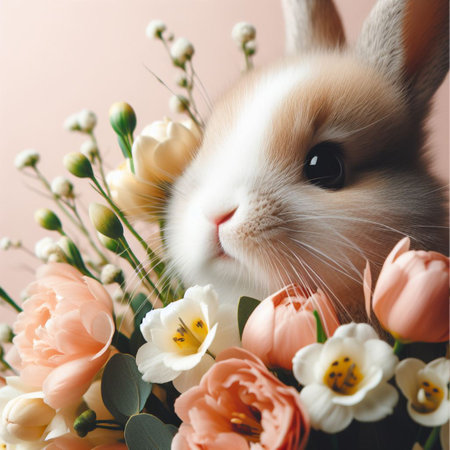Cute Easter bunny and spring flowers over white background, close upの素材