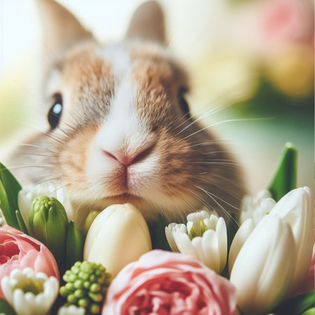 Cute Easter bunny and spring flowers over white background, close upの素材