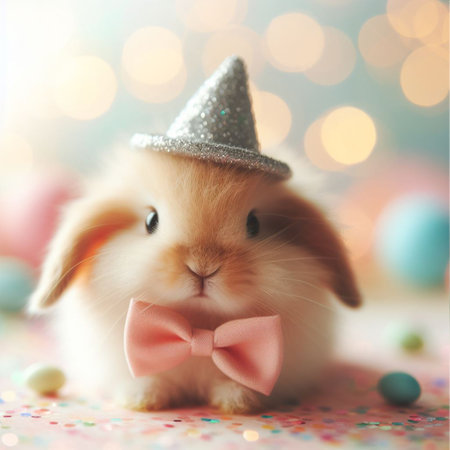 Cute little bunny and Easter eggs on bokeh background.の素材