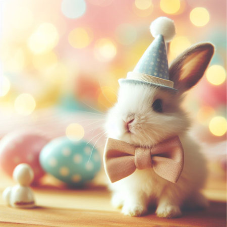 Cute little bunny and Easter eggs on bokeh background.の素材