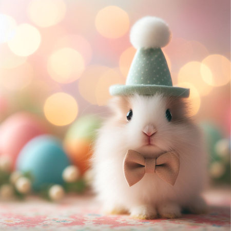 Cute little bunny and Easter eggs on bokeh background.の素材