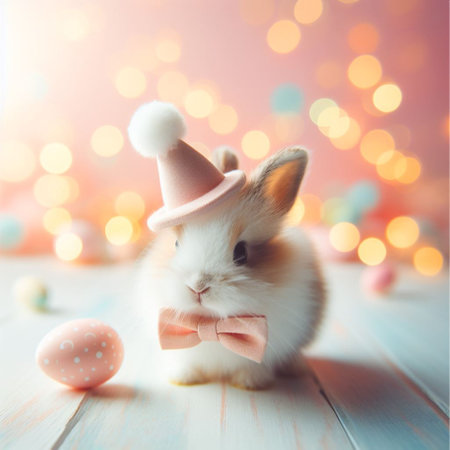 Cute little bunny and Easter eggs on bokeh background.の素材