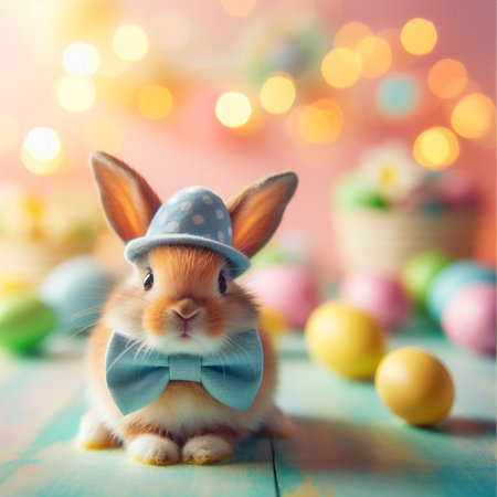 Cute little bunny and Easter eggs on bokeh background.の素材