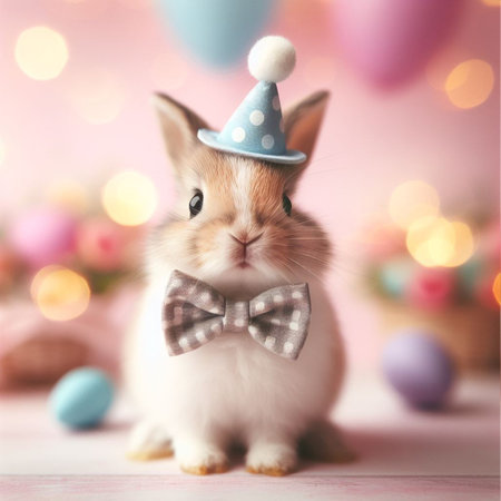 Cute little bunny and Easter eggs on bokeh background.の素材