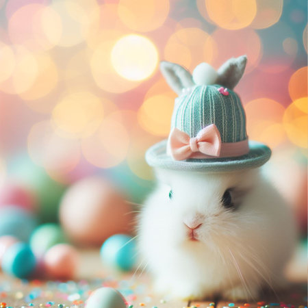 Cute little bunny and Easter eggs on bokeh background.の素材