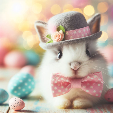 Cute little bunny and Easter eggs on bokeh background.の素材