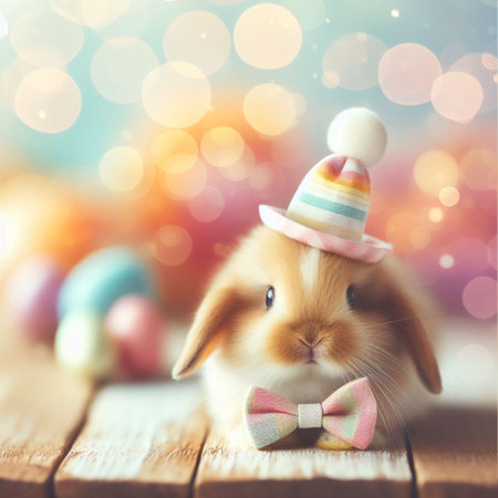 Cute little bunny and Easter eggs on bokeh background.の素材
