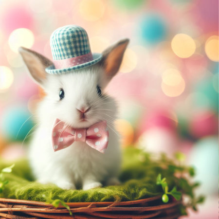 Cute little bunny and Easter eggs on bokeh background.の素材